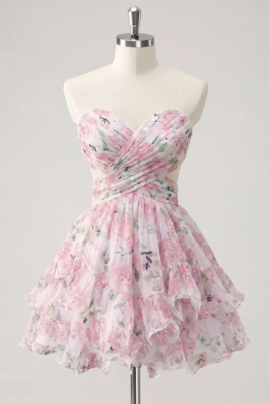 Sweetheart A-Line Pink Floral Ruched Tiered Ruffled Homecoming Dress with Bow made by Zapaka