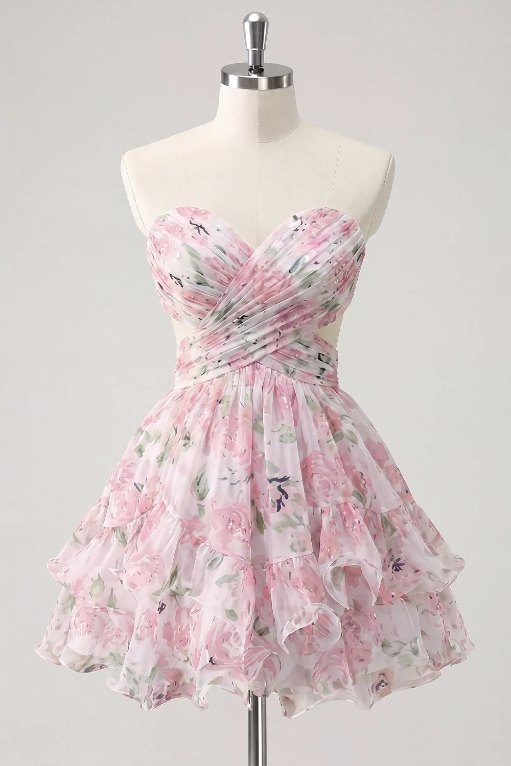 Sweetheart A-Line Pink Floral Ruched Tiered Ruffled Homecoming Dress with Bow sold by Zapaka