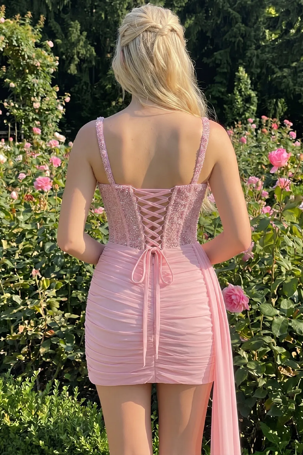 Pink Bodycon Corset Ruched Beaded Lace Up Back Homecoming Dress with Sash sold by Zapaka product image thumbnail 4