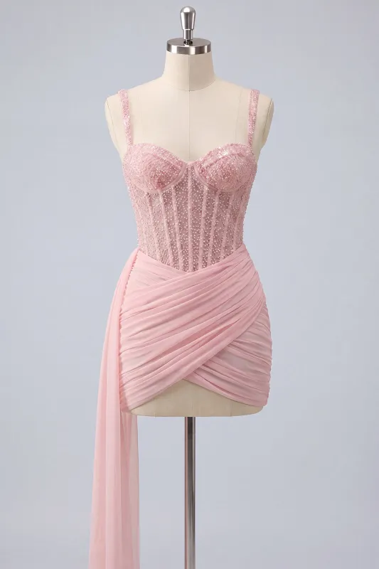 Pink Bodycon Corset Ruched Beaded Lace Up Back Homecoming Dress with Sash made by Zapaka