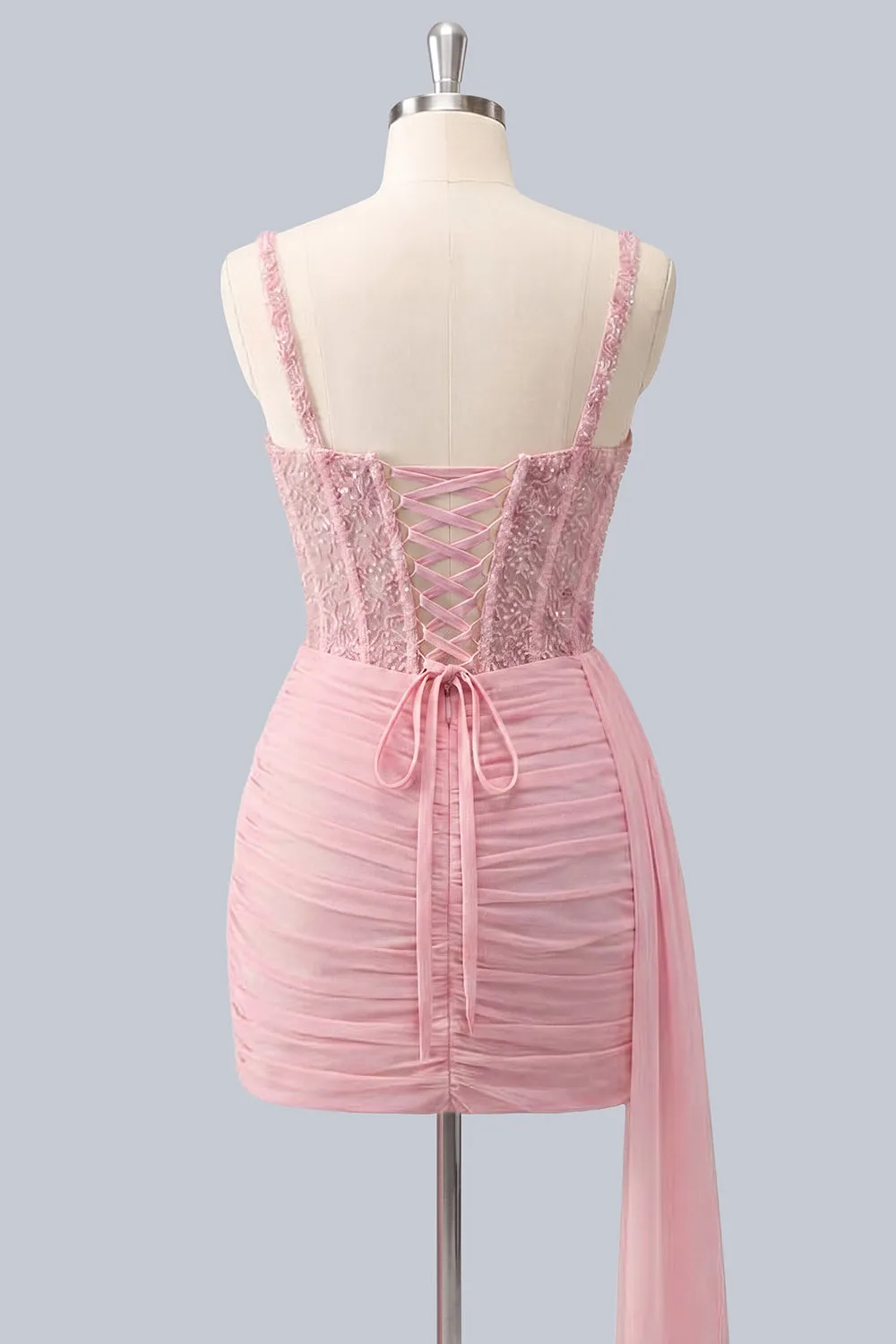 Pink Bodycon Corset Ruched Beaded Lace Up Back Homecoming Dress with Sash sold by Zapaka product image thumbnail 2