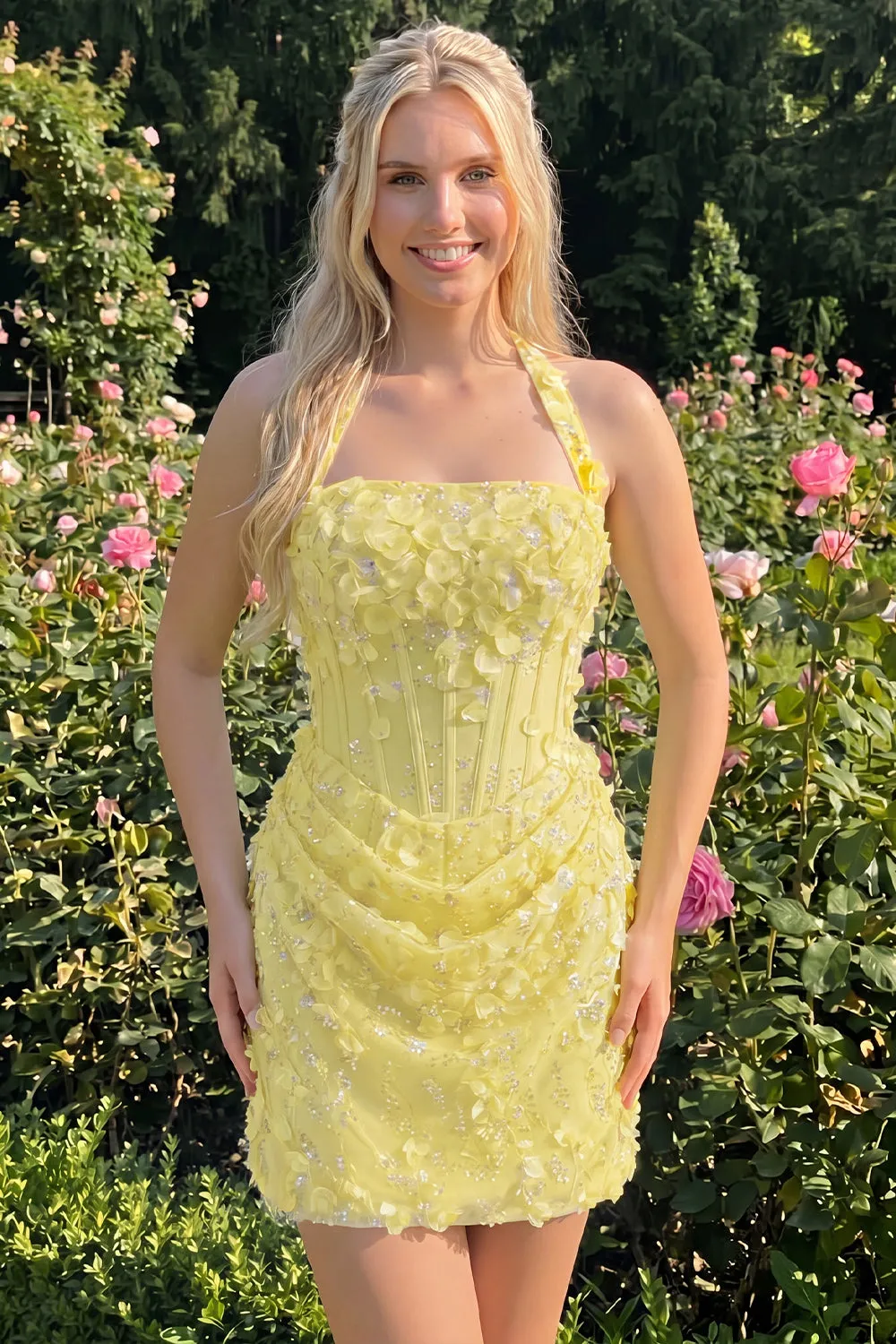 Light Yellow Bodycon Halter Neck Floral Corset Sequins Short Homecoming Dress sold by Zapaka product image thumbnail 3