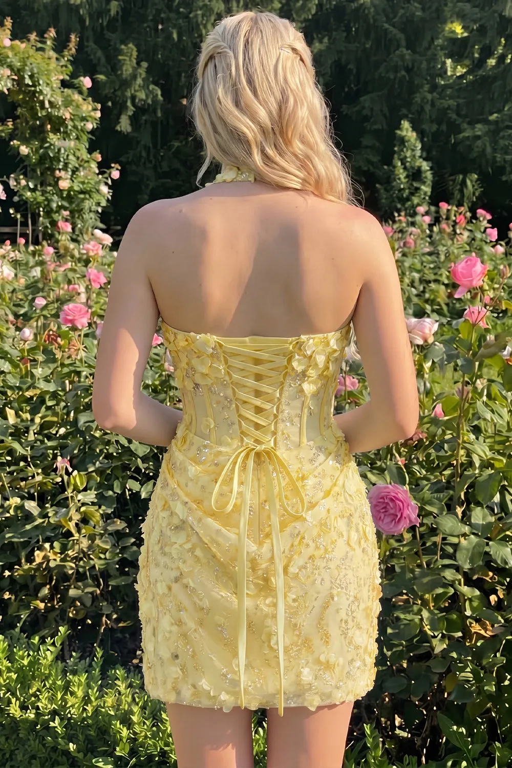 Light Yellow Bodycon Halter Neck Floral Corset Sequins Short Homecoming Dress sold by Zapaka product image thumbnail 4