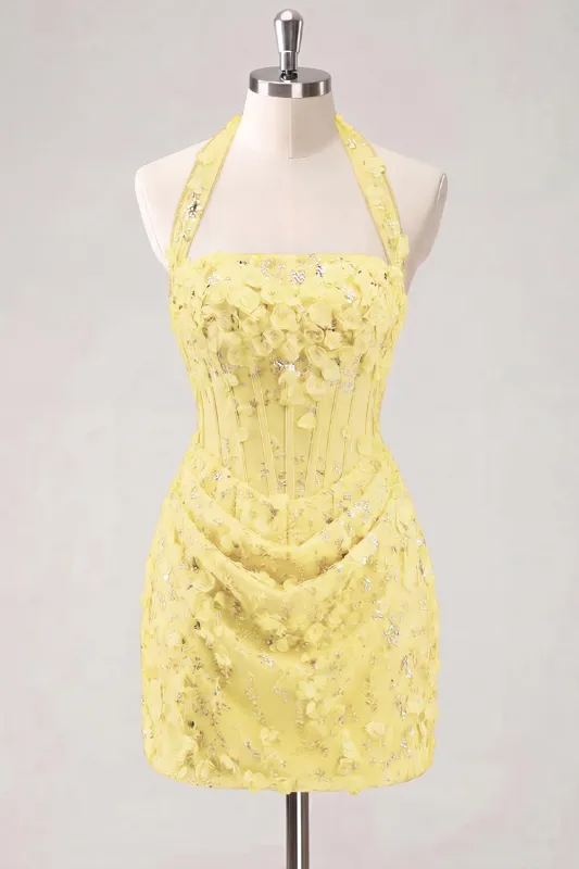 Light Yellow Bodycon Halter Neck Floral Corset Sequins Short Homecoming Dress made by Zapaka