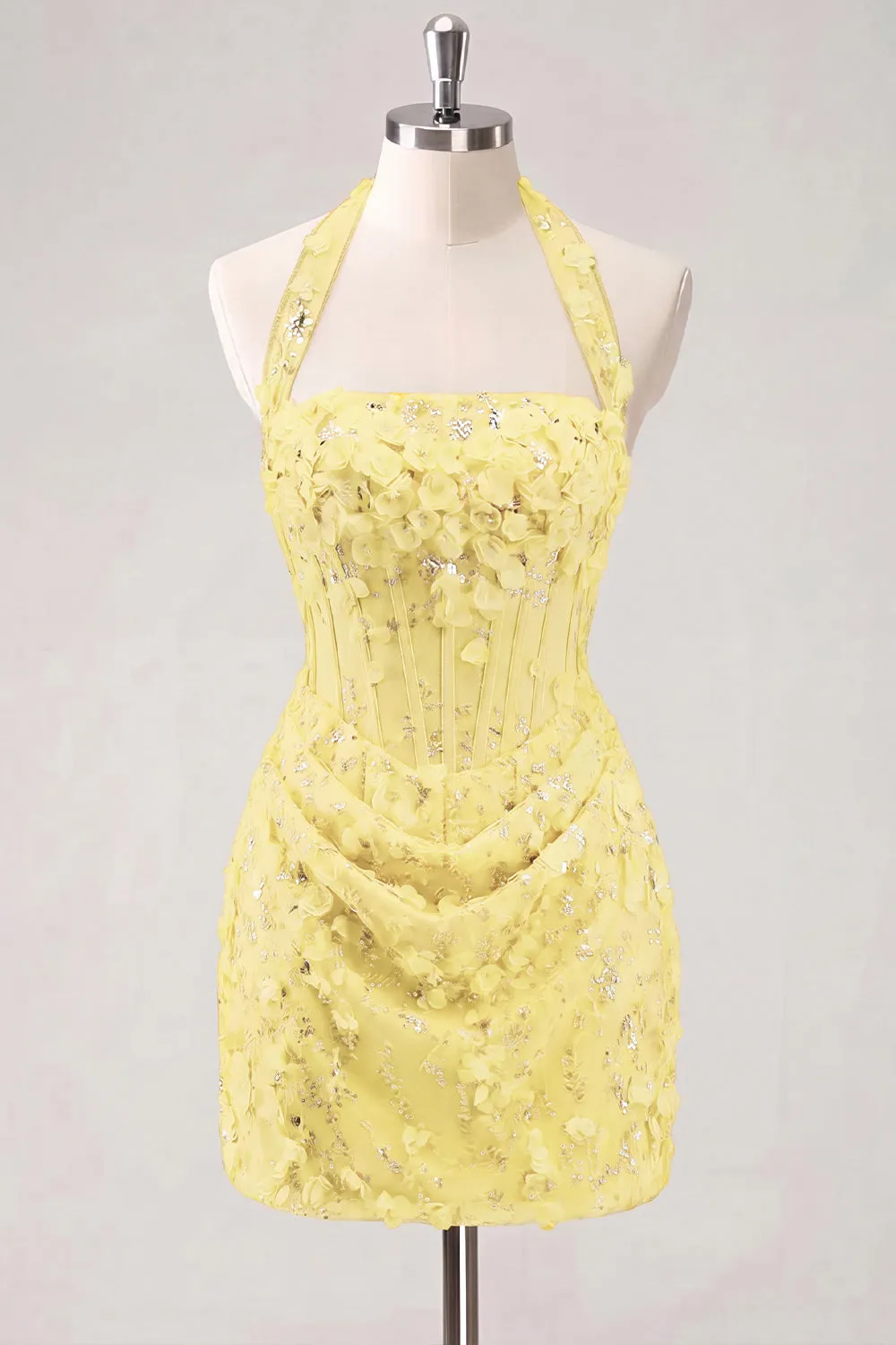 Light Yellow Bodycon Halter Neck Floral Corset Sequins Short Homecoming Dress sold by Zapaka