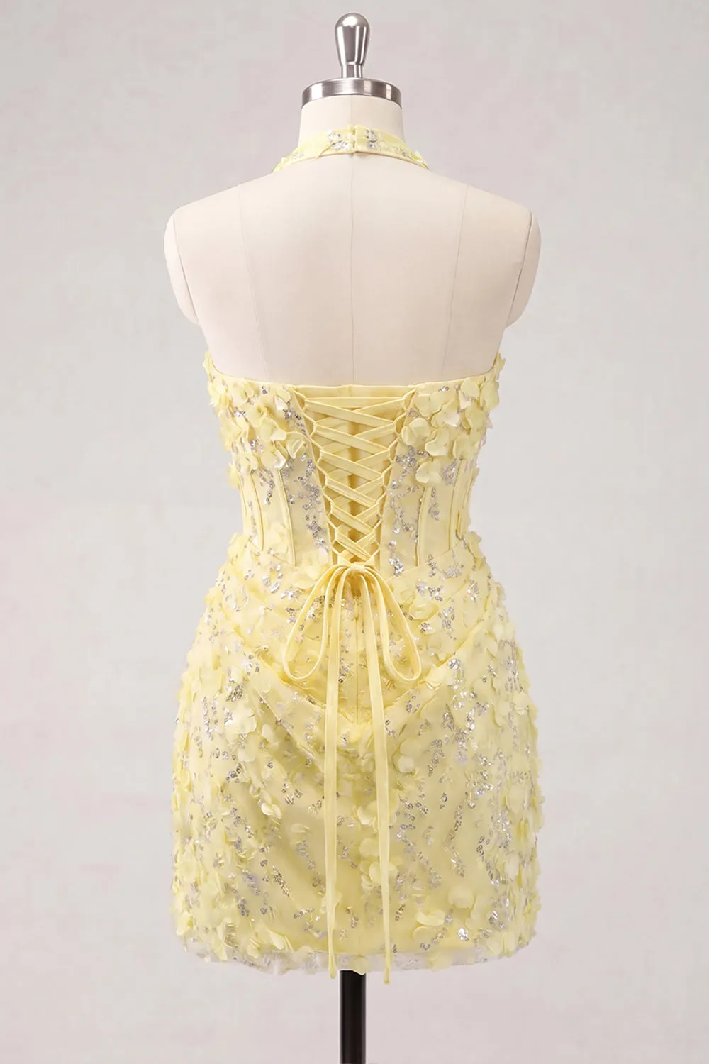 Light Yellow Bodycon Halter Neck Floral Corset Sequins Short Homecoming Dress sold by Zapaka product image thumbnail 2