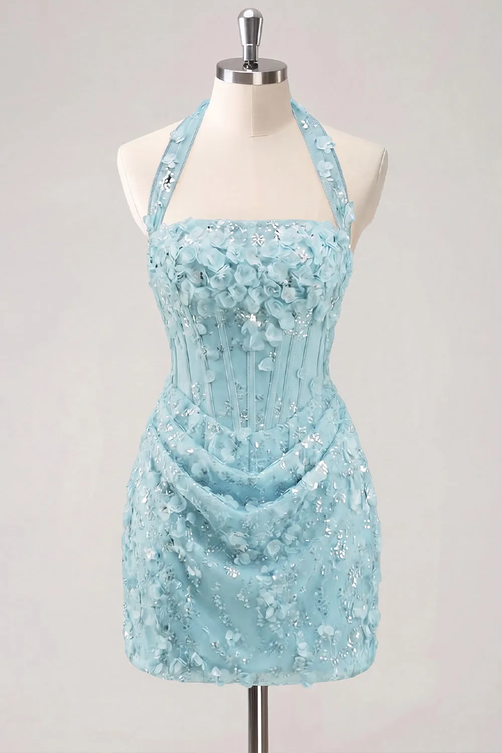 Light Yellow Bodycon Halter Neck Floral Corset Sequins Short Homecoming Dress sold by Zapaka product image thumbnail 5