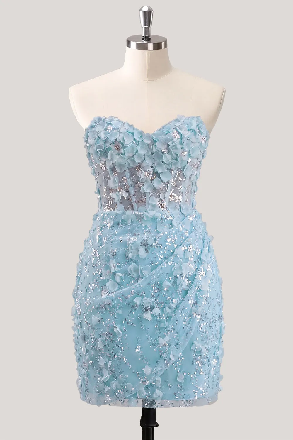 Bodycon Strapless Floral Sheer Corset Sequins Homecoming Dress with Lace Up Back sold by Zapaka