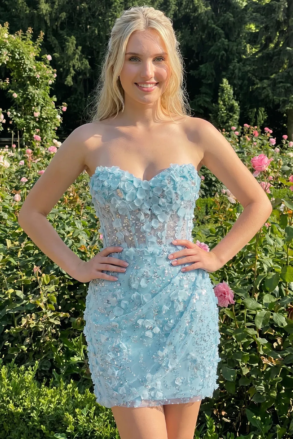 Bodycon Strapless Floral Sheer Corset Sequins Homecoming Dress with Lace Up Back sold by Zapaka product image thumbnail 3