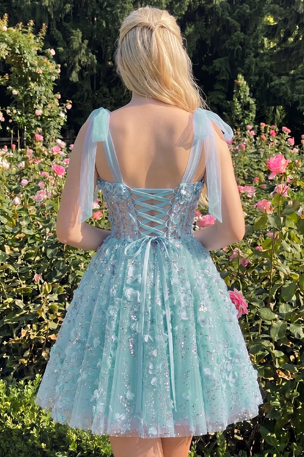 A-Line Floral Sheer Corset Sequins Homecoming Dress with Lace Up Back sold by Zapaka product image thumbnail 4