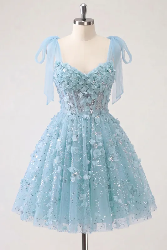 A-Line Floral Sheer Corset Sequins Homecoming Dress with Lace Up Back made by Zapaka