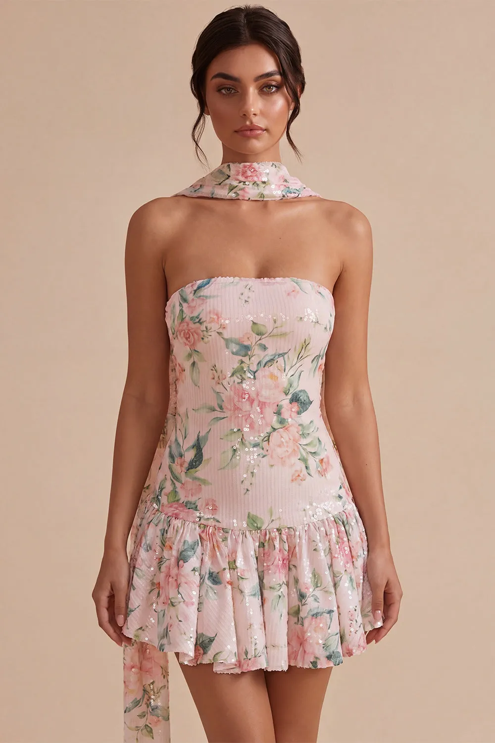 Sparkly White Pink Flower A-Line Strapless Sequins Homecoming Dress with Neck Scarf sold by Zapaka product image thumbnail 5
