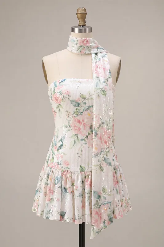 Sparkly White Pink Flower A-Line Strapless Sequins Homecoming Dress with Neck Scarf made by Zapaka