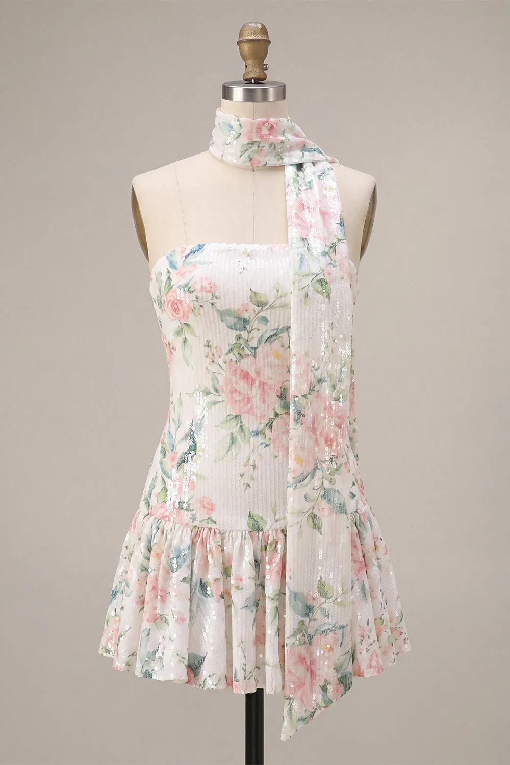 Sparkly White Pink Flower A-Line Strapless Sequins Homecoming Dress with Neck Scarf sold by Zapaka