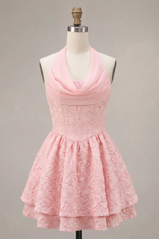 Pink A-Line Cowl Neck Corset Tiered Homecoming Dress made by Zapaka