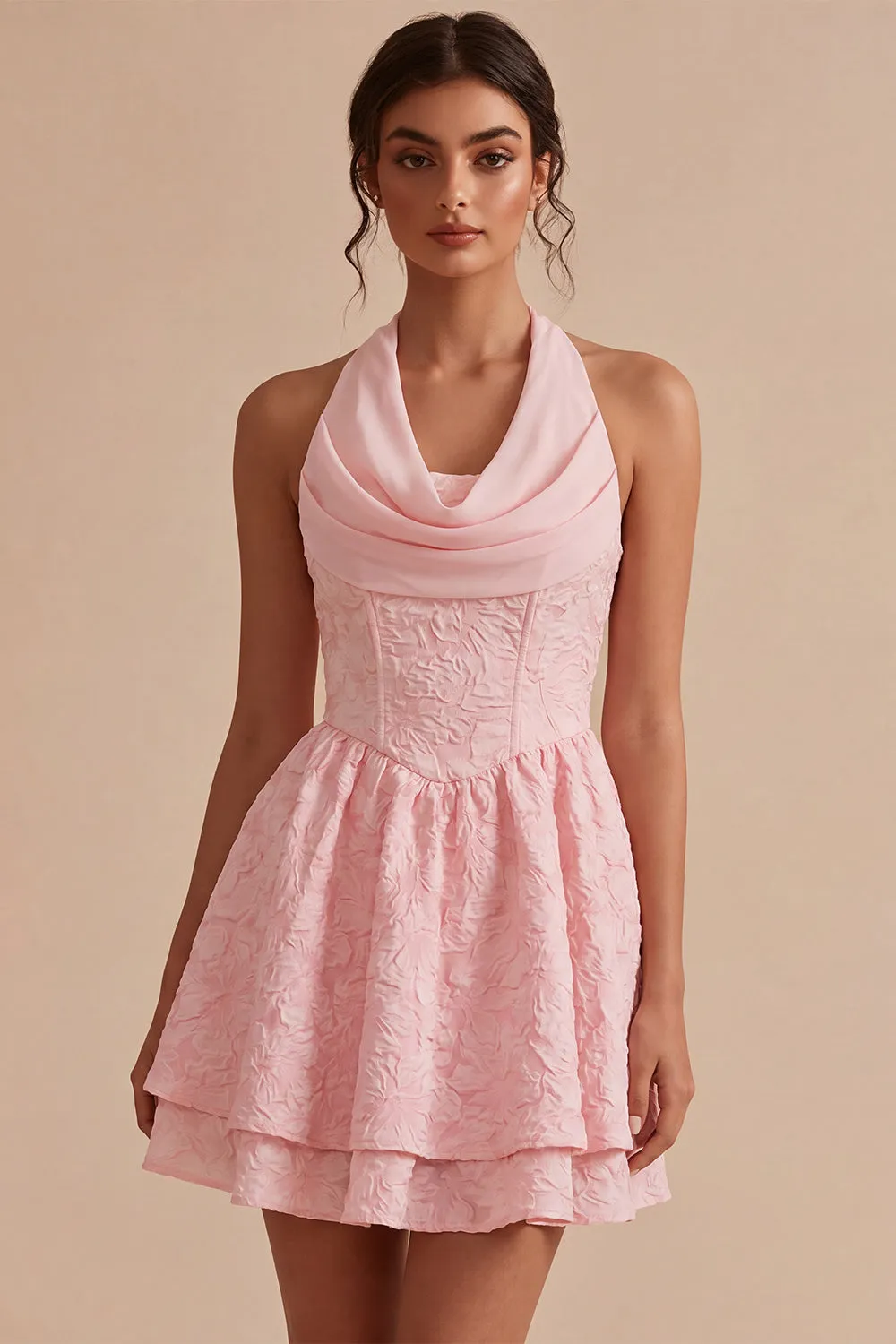 Pink A-Line Cowl Neck Corset Tiered Homecoming Dress sold by Zapaka product image thumbnail 5