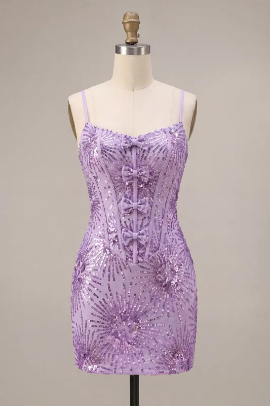 Plum Bodycon Spaghetti Straps Corset Sequins Homecoming Dress with Bow made by Zapaka