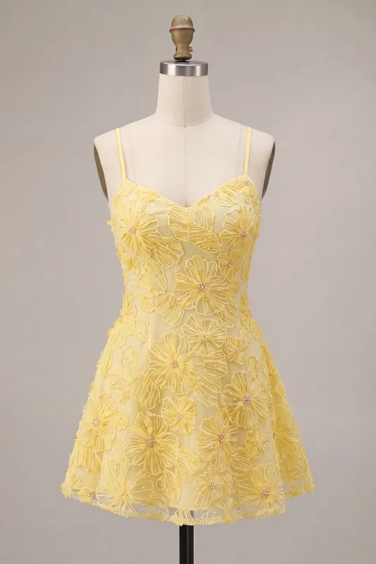 A-Line Yellow Beaded Spaghetti Straps Floral Pearl Short Homecoming Dress made by Zapaka