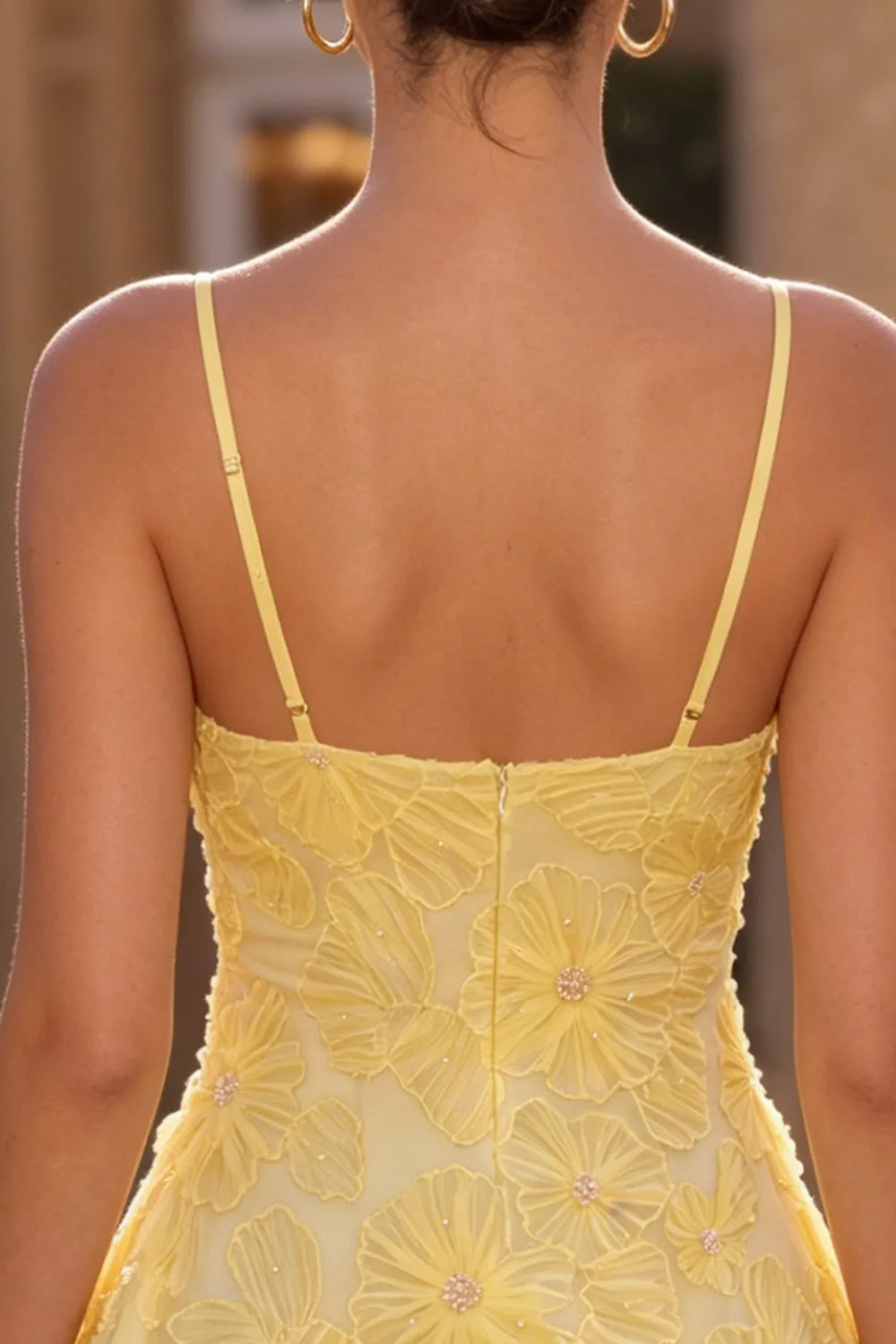 A-Line Yellow Beaded Spaghetti Straps Floral Pearl Short Homecoming Dress sold by Zapaka product image thumbnail 5