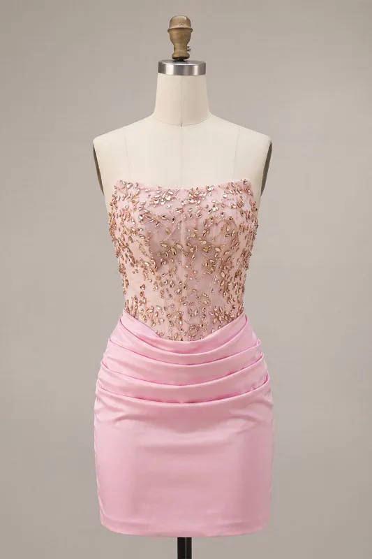 Pink Strapless Bodycon Beaded Ruched Homecoming Dress made by Zapaka