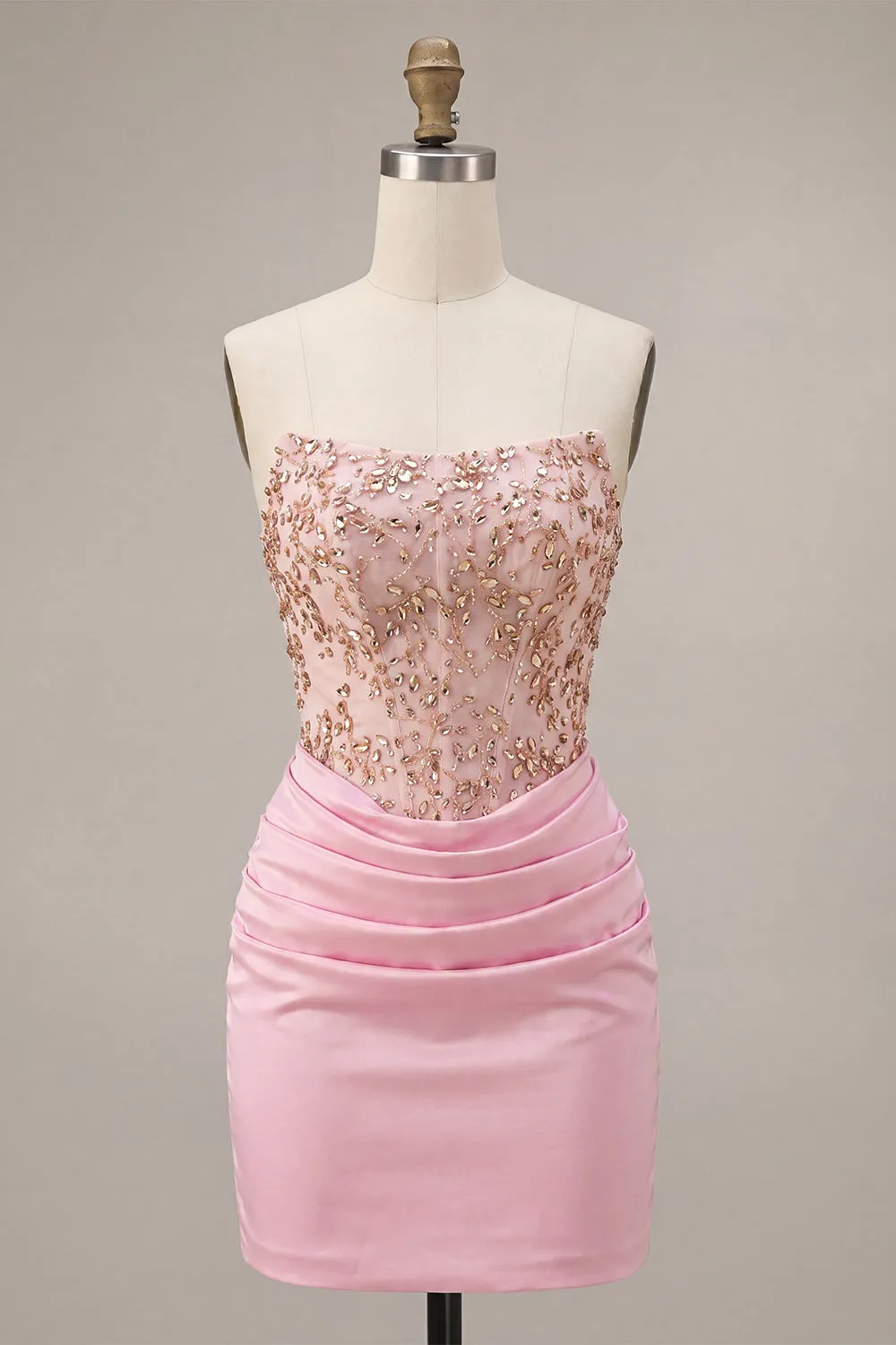Pink Strapless Bodycon Beaded Ruched Homecoming Dress sold by Zapaka