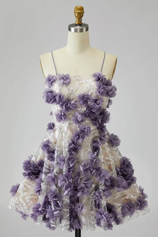 Sparkly Purple Sequin 3D Floral Pearl Short Homecoming Dress with Sequins made by Zapaka