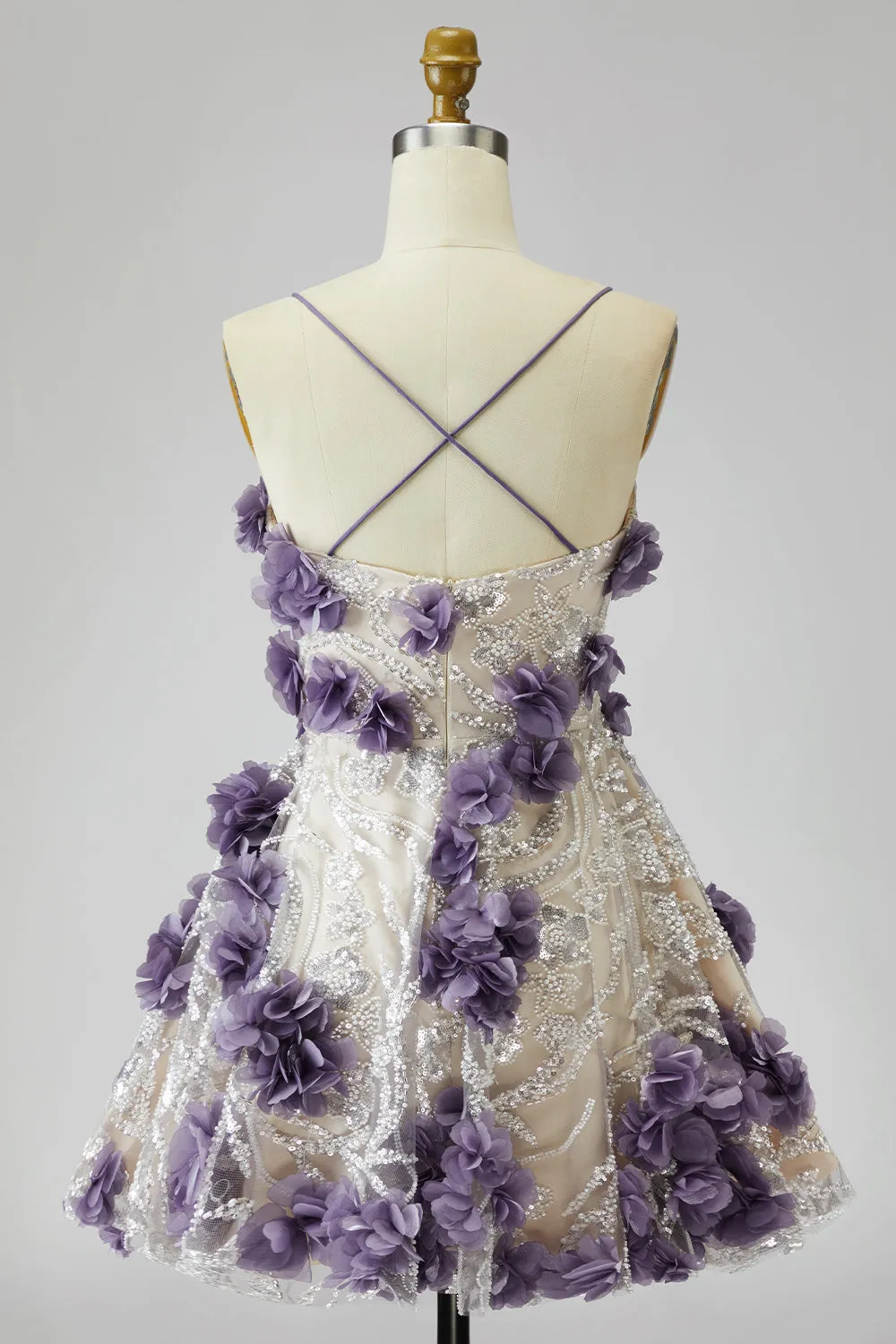 Sparkly Purple Sequin 3D Floral Pearl Short Homecoming Dress with Sequins sold by Zapaka product image thumbnail 2