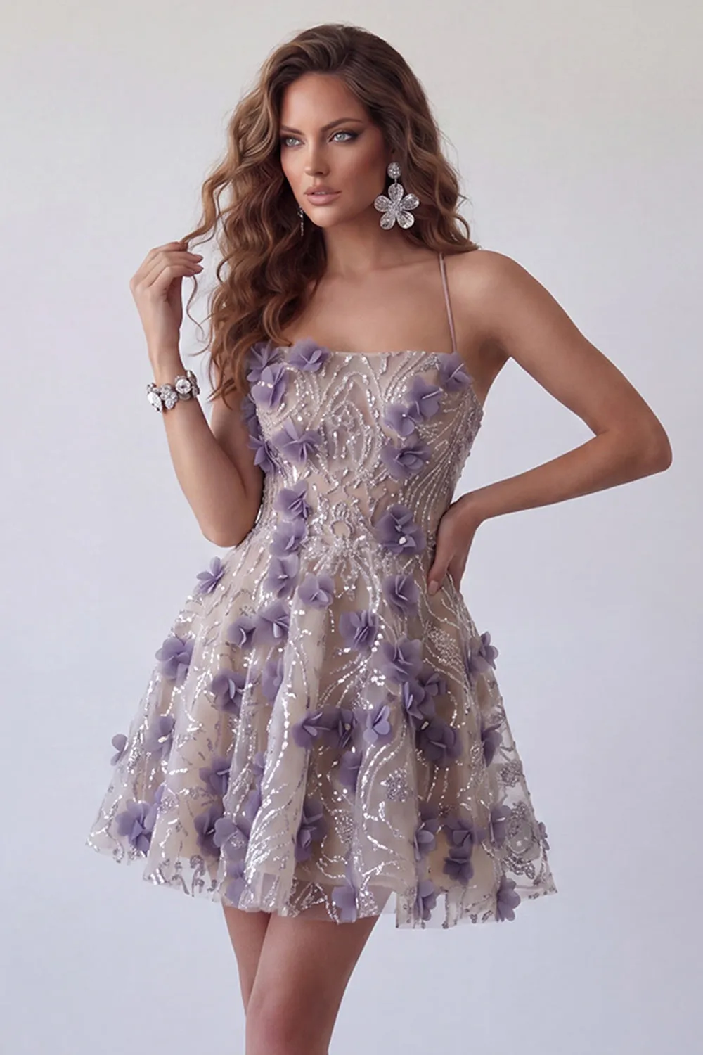 Sparkly Purple Sequin 3D Floral Pearl Short Homecoming Dress with Sequins sold by Zapaka product image thumbnail 3