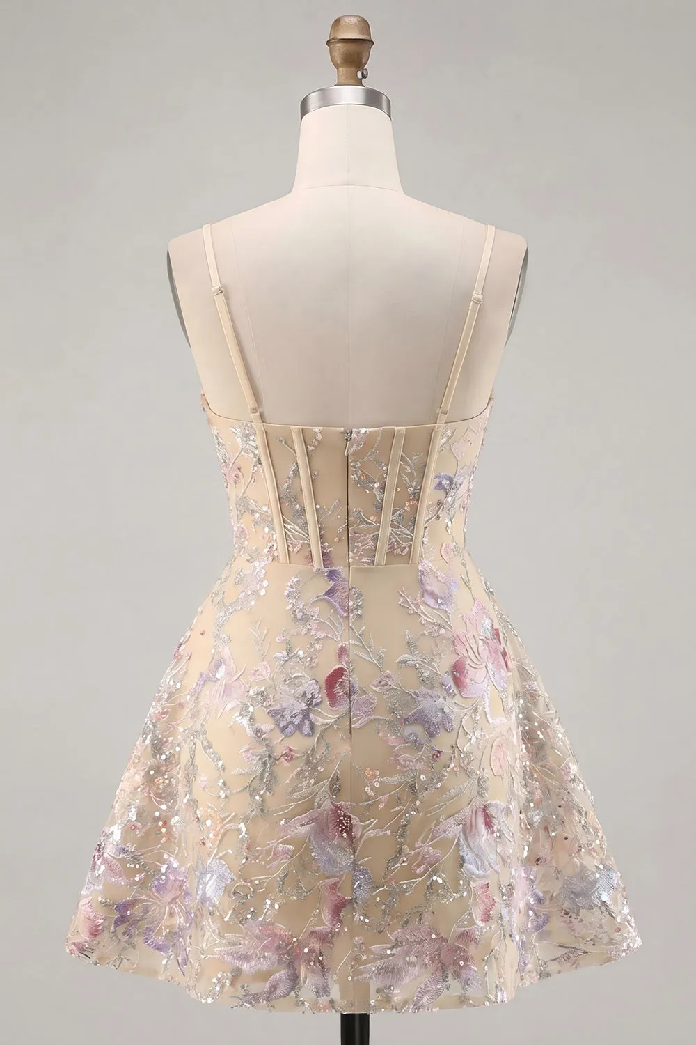 Apricot A-Line Spaghetti Straps Sequin Corset Floral Short Homecoming Dress sold by Zapaka product image thumbnail 2
