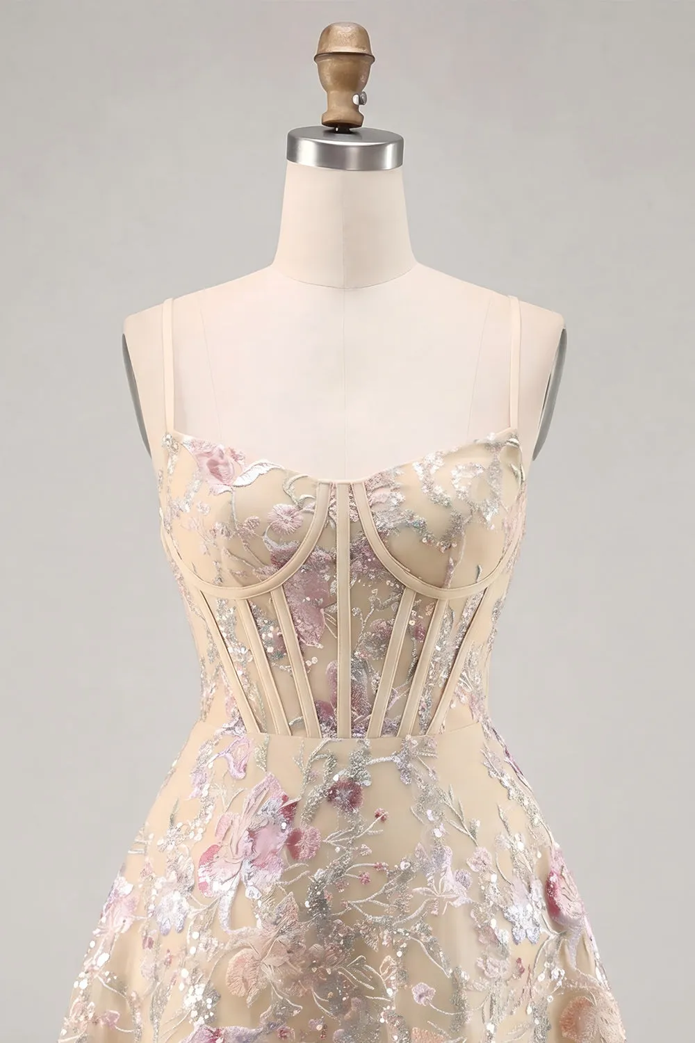Apricot A-Line Spaghetti Straps Sequin Corset Floral Short Homecoming Dress sold by Zapaka product image thumbnail 3