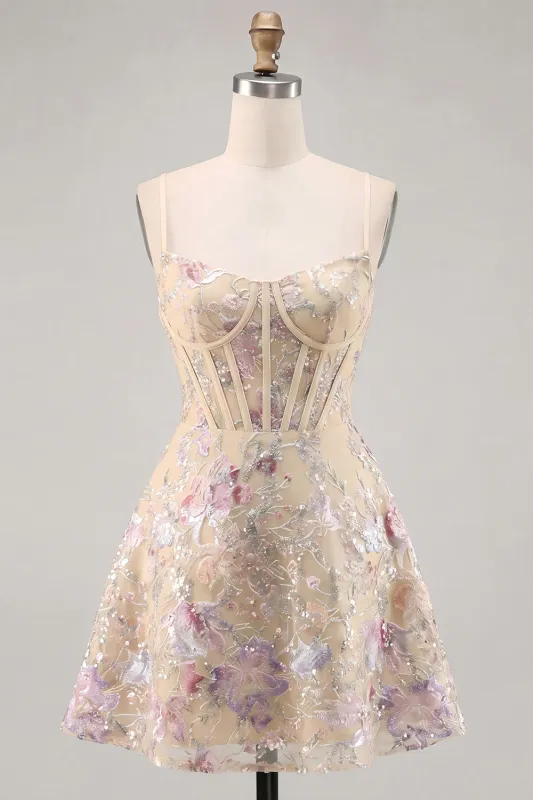 Apricot A-Line Spaghetti Straps Sequin Corset Floral Short Homecoming Dress made by Zapaka