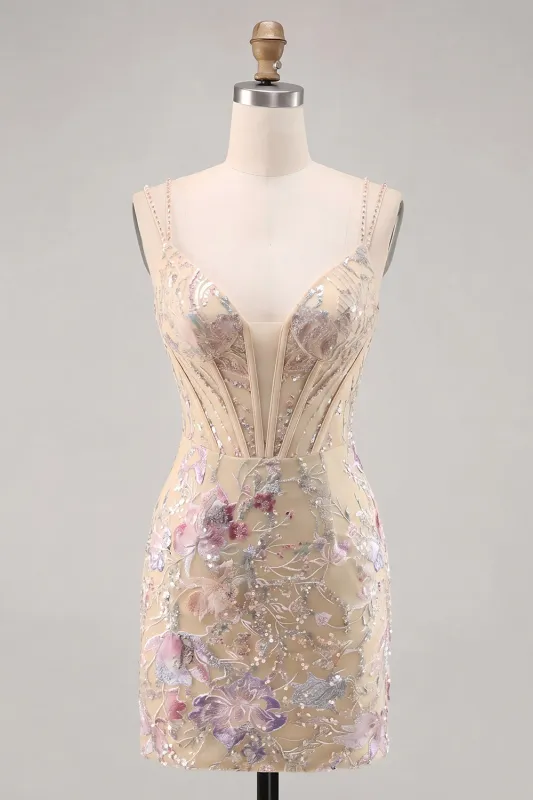Apricot Bodycon Spaghetti Straps Sequin Floral Corset Short Homecoming Dress made by Zapaka