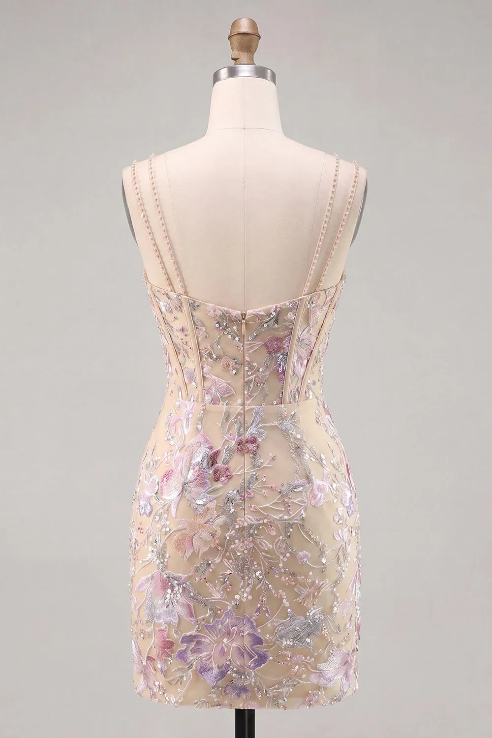 Apricot Bodycon Spaghetti Straps Sequin Floral Corset Short Homecoming Dress sold by Zapaka product image thumbnail 2