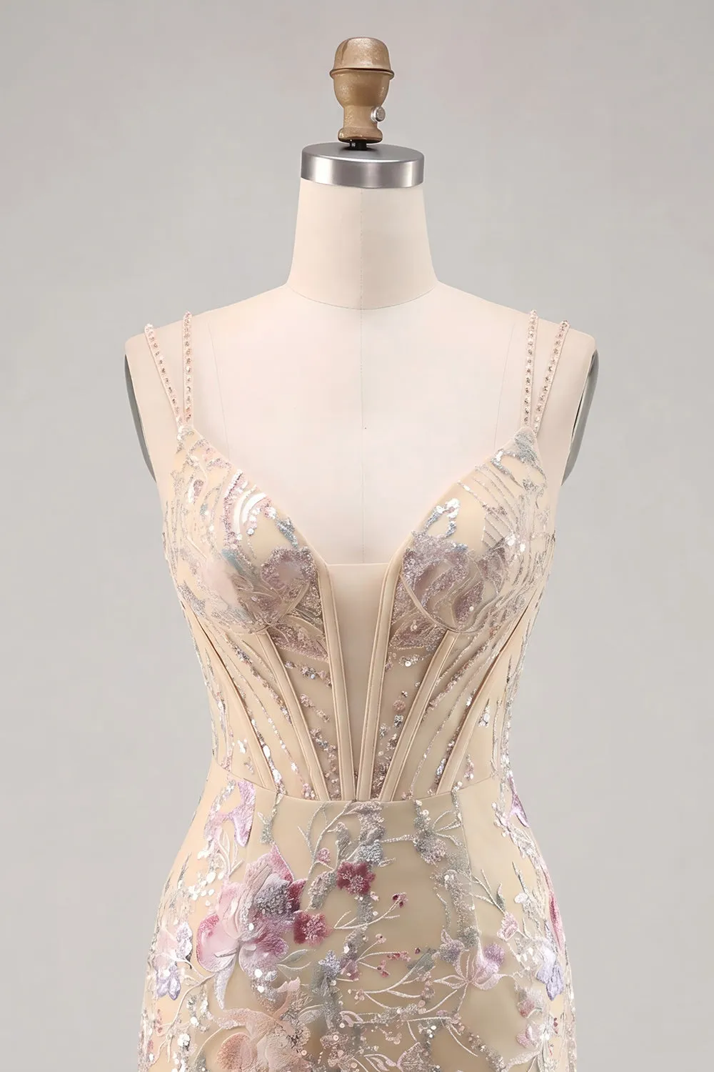 Apricot Bodycon Spaghetti Straps Sequin Floral Corset Short Homecoming Dress sold by Zapaka product image thumbnail 3