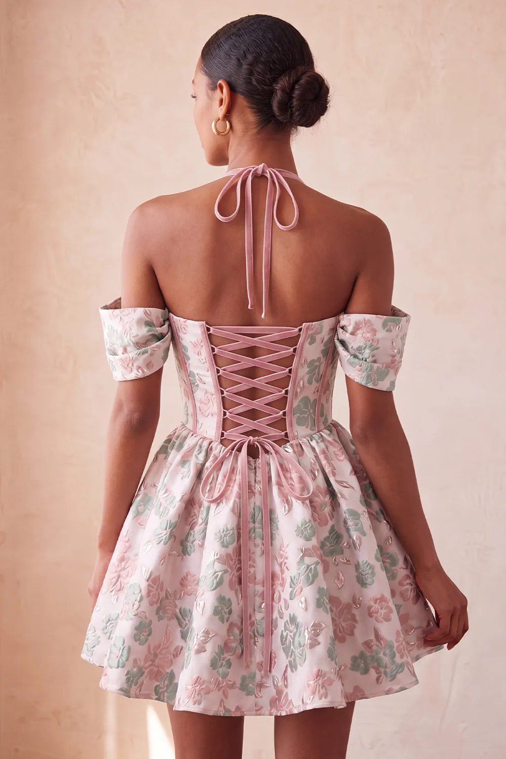 Light Pink Halter Neck A-Line Corset Jacquard Floral Homecoming Dress with Lace Up Back sold by Zapaka product image thumbnail 2