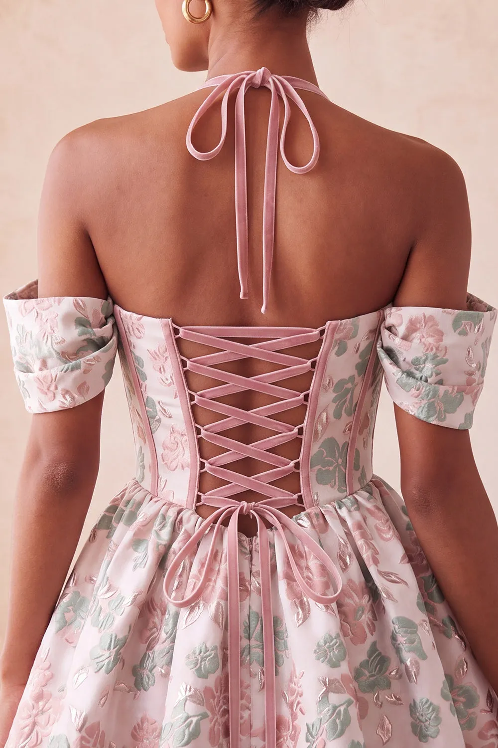 Light Pink Halter Neck A-Line Corset Jacquard Floral Homecoming Dress with Lace Up Back sold by Zapaka product image thumbnail 4