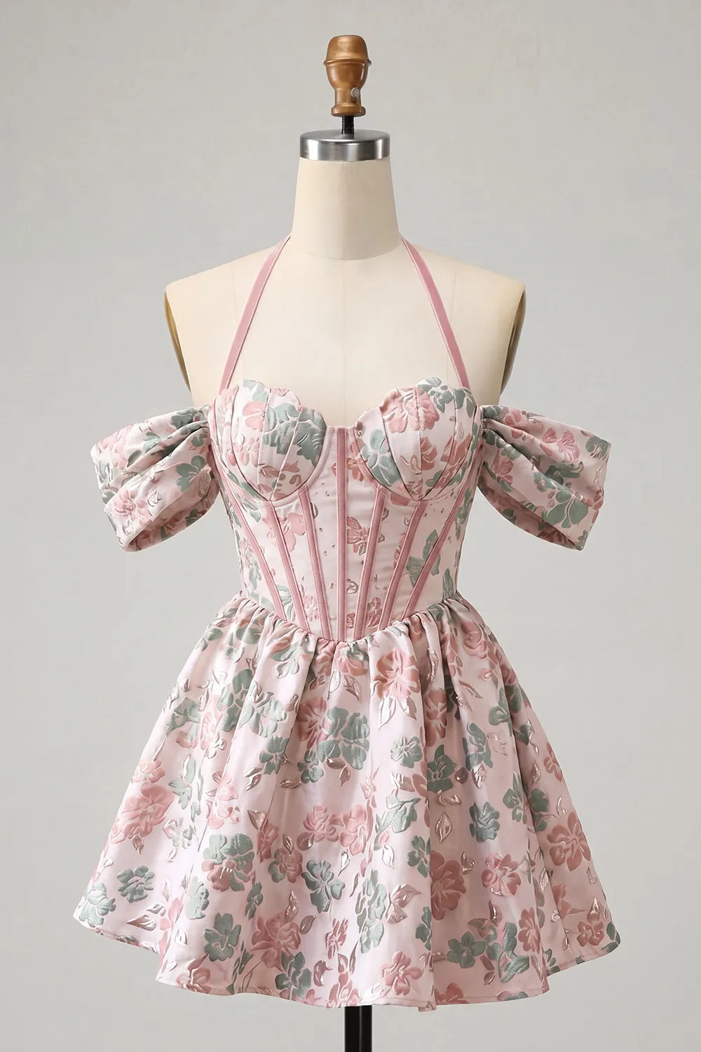 Light Pink Halter Neck A-Line Corset Jacquard Floral Homecoming Dress with Lace Up Back sold by Zapaka product image thumbnail 5