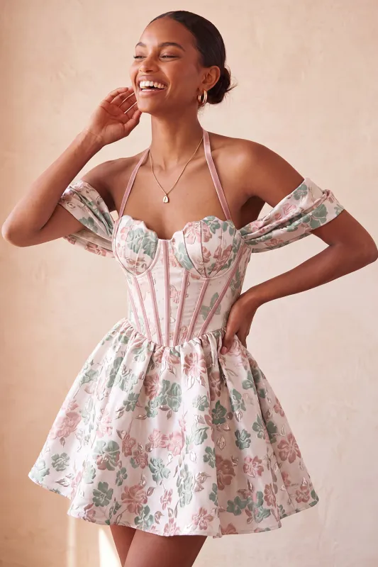 Light Pink Halter Neck A-Line Corset Jacquard Floral Homecoming Dress with Lace Up Back made by Zapaka