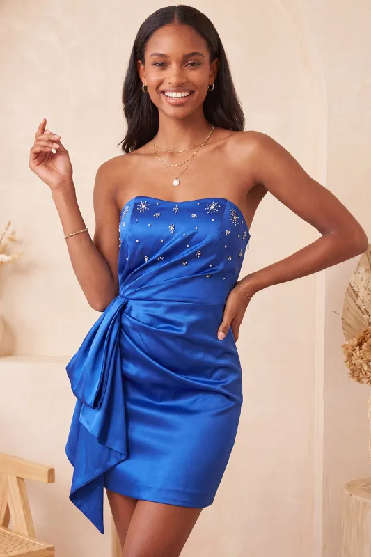 Satin Royal Blue Strapless Bodycon Lace Up Back Beaded Ruched Homecoming Dress with Sash made by Zapaka