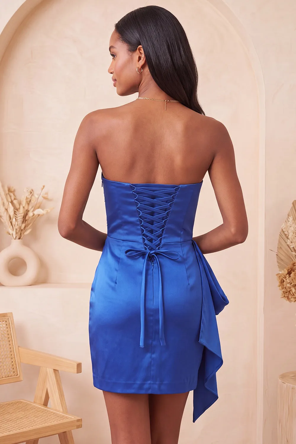 Satin Royal Blue Strapless Bodycon Lace Up Back Beaded Ruched Homecoming Dress with Sash sold by Zapaka product image thumbnail 2