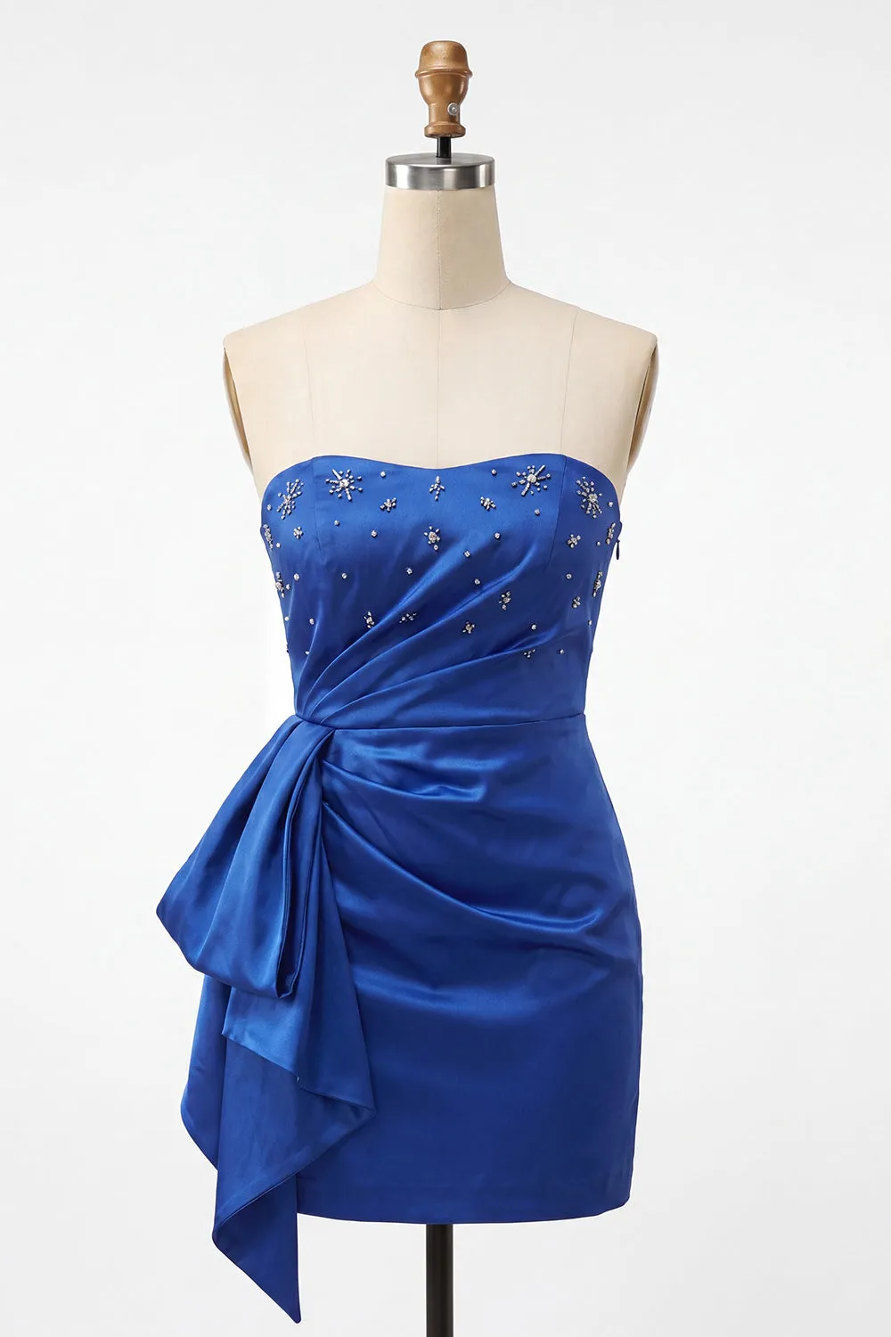 Satin Royal Blue Strapless Bodycon Lace Up Back Beaded Ruched Homecoming Dress with Sash sold by Zapaka product image thumbnail 5