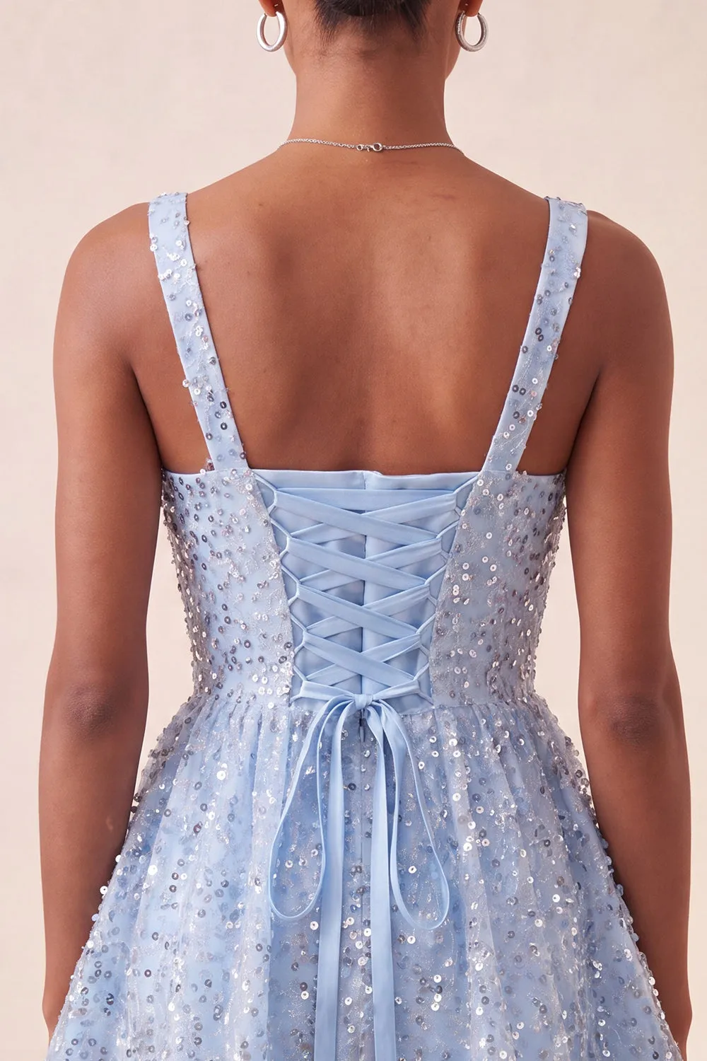 Sky Blue A-Line Square Neck Lace Up Back Sequins Homecoming Dress with Bow sold by Zapaka product image thumbnail 4