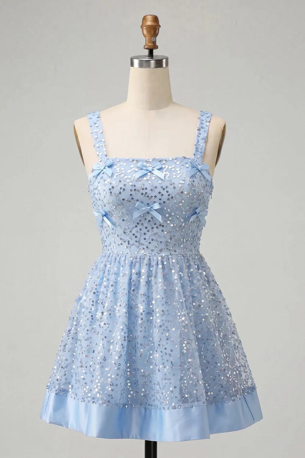 Sky Blue A-Line Square Neck Lace Up Back Sequins Homecoming Dress with Bow sold by Zapaka product image thumbnail 5