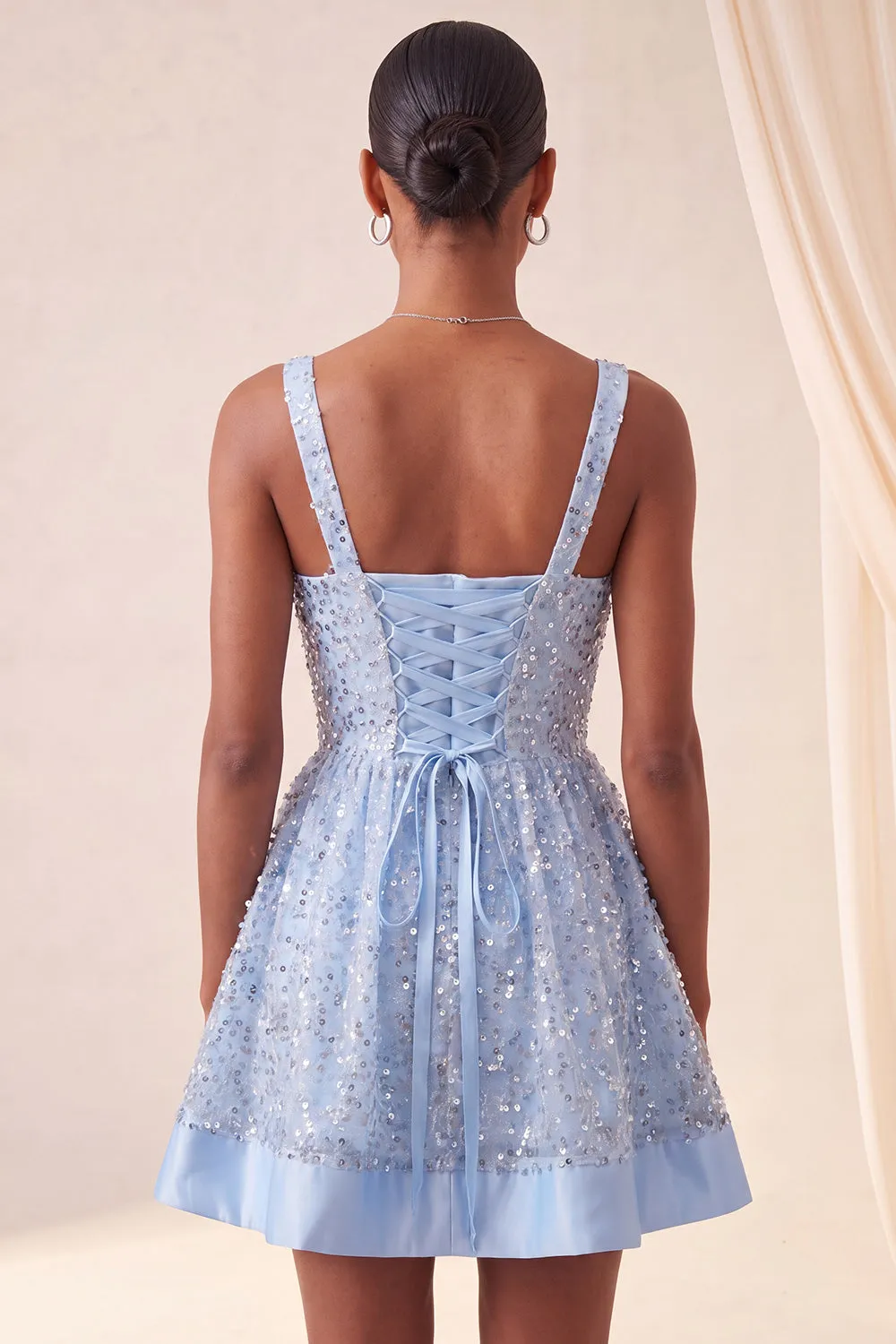 Sky Blue A-Line Square Neck Lace Up Back Sequins Homecoming Dress with Bow sold by Zapaka product image thumbnail 2