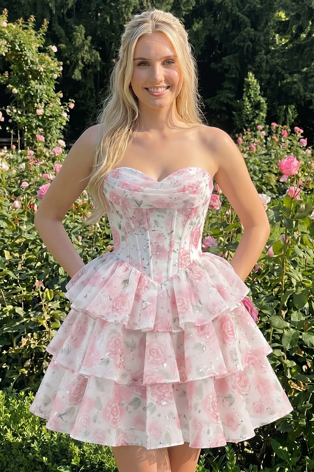 Sweetheart Tiered A-Line Pink Floral Corset Short Homecoming Dress sold by Zapaka product image thumbnail 3
