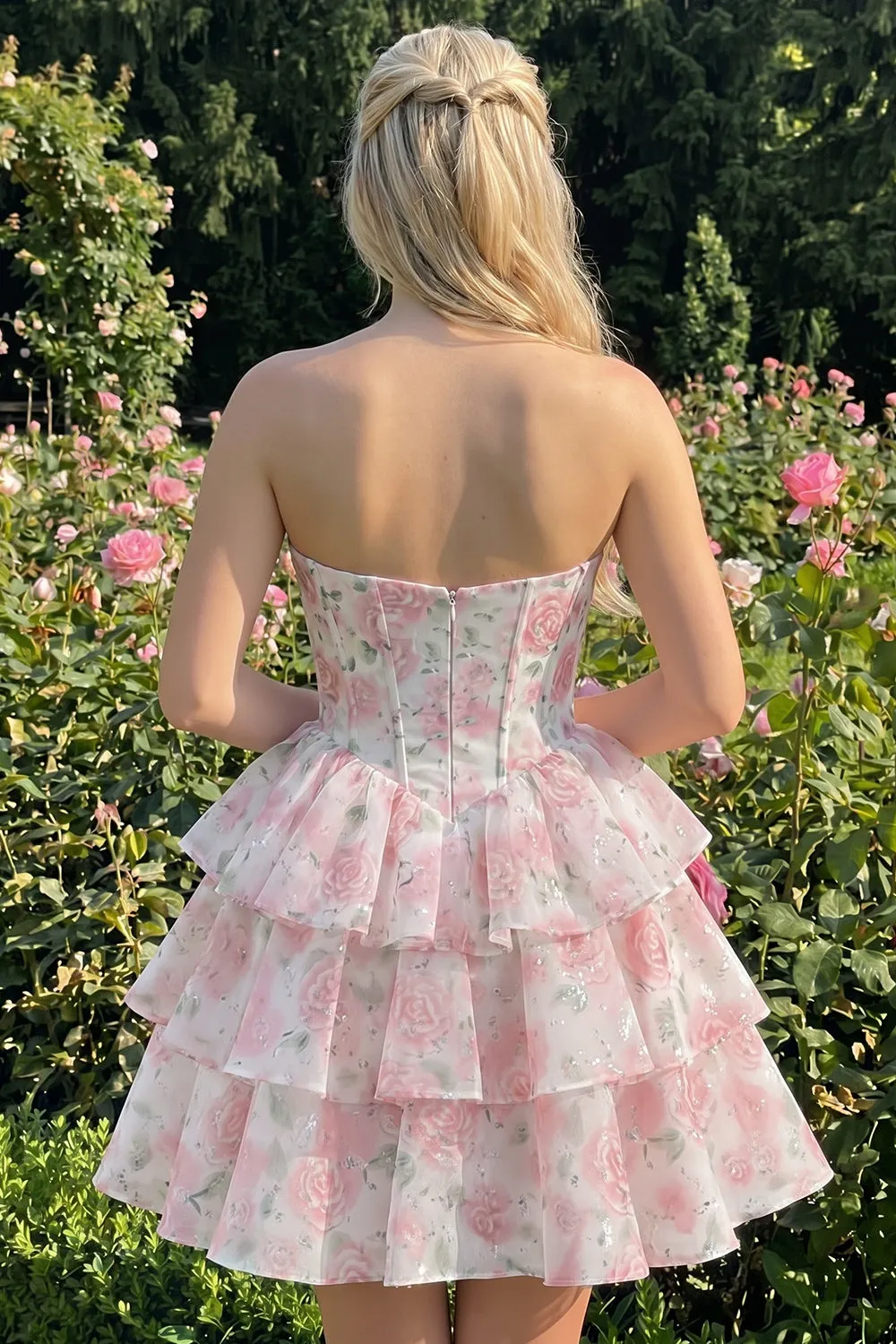 Sweetheart Tiered A-Line Pink Floral Corset Short Homecoming Dress sold by Zapaka product image thumbnail 4