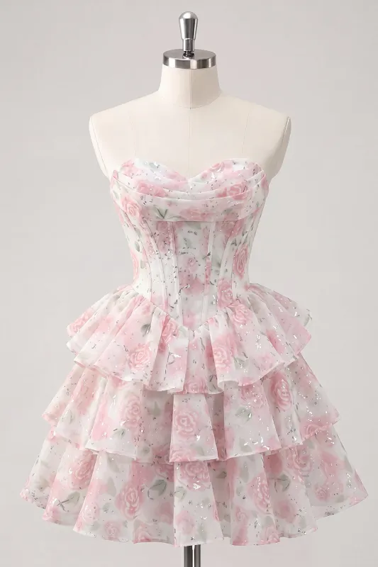 Sweetheart Tiered A-Line Pink Floral Corset Short Homecoming Dress made by Zapaka
