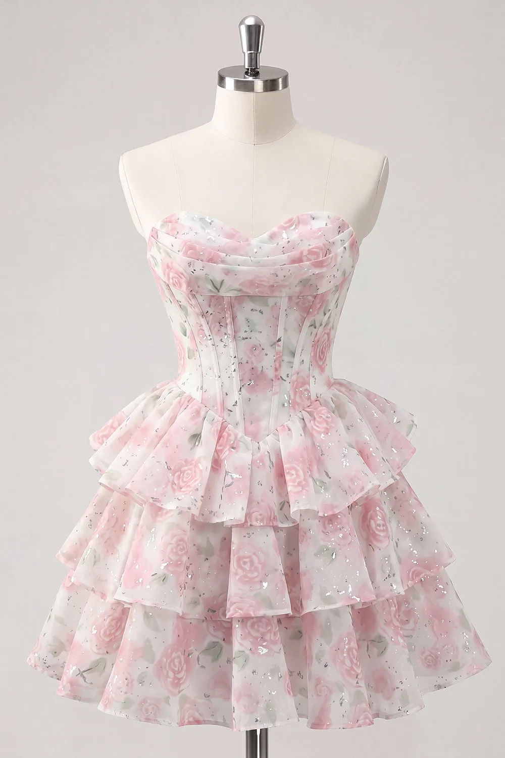 Sweetheart Tiered A-Line Pink Floral Corset Short Homecoming Dress sold by Zapaka