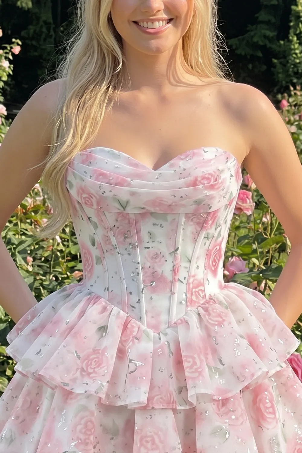 Sweetheart Tiered A-Line Pink Floral Corset Short Homecoming Dress sold by Zapaka product image thumbnail 5