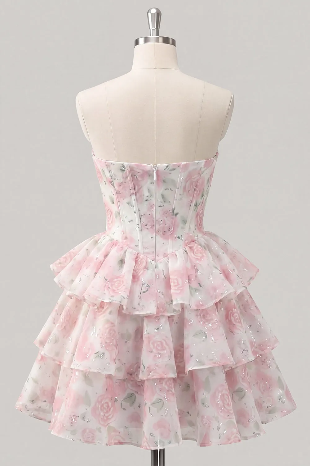 Sweetheart Tiered A-Line Pink Floral Corset Short Homecoming Dress sold by Zapaka product image thumbnail 2